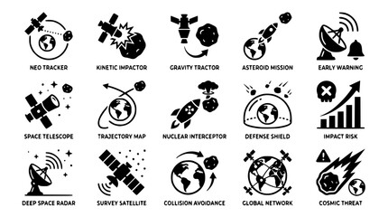 Fototapeta premium Asteroid defense system vector graphic illustration with various space icons