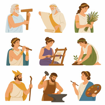 Set of flat vector illustrations depicting ancient Greek or Roman figures engaged in various traditional activities including weaving, blacksmithing, music, gardening, and reading scrolls.