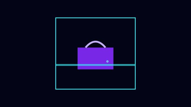Abstract motion graphic animation of purple briefcase icon moving inside glowing square frame on dark background.