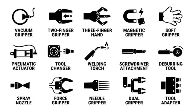 Industrial robotic arm tools and grippers vector graphic illustration set