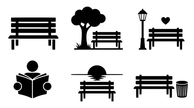 Black vector icons of benches in a public park setting
