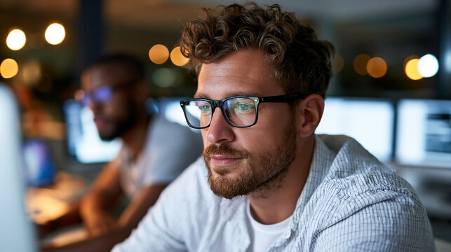 Two men working on computers in a dimly lit room with multiple monitors, collaborative tech workspace concept, defocused background, with copy space