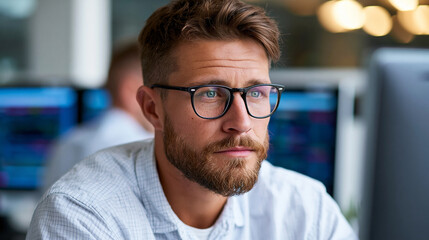 Obraz premium Focused stock trader using multiple monitors in a professional trading environment, financial markets and investment concept, defocused background, with copy space