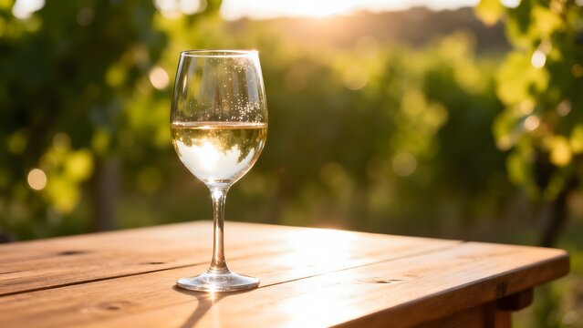 Wine glass on wooden table in vineyard