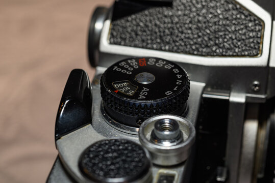 Close-up of vintage film camera dial