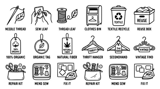 Sustainable fashion icons for eco friendly clothing and textile recycling