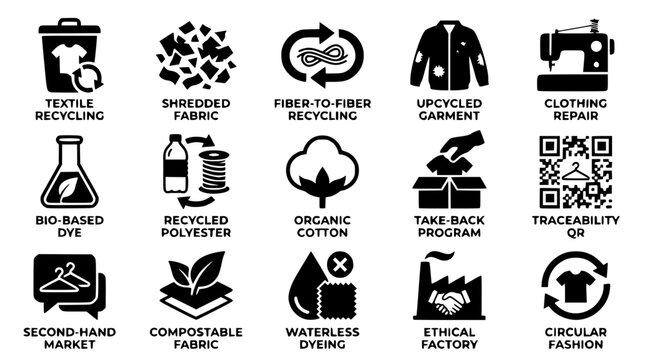 Sustainable fashion icons for eco friendly clothing and recycling practices