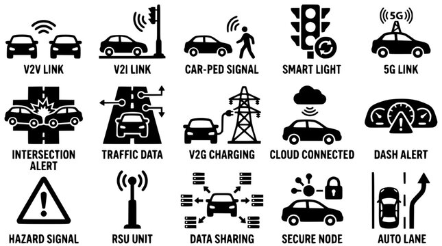 Vector graphic illustration of connected car technology and smart transportation systems