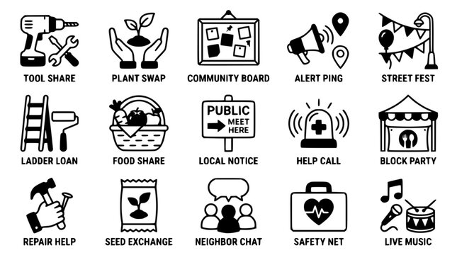 Community sharing and support icons for neighborhood help and events