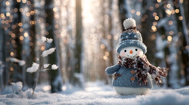 A small snowman wearing a blue sweater and scarf stands in a snowy forest with blurred lights in the background.