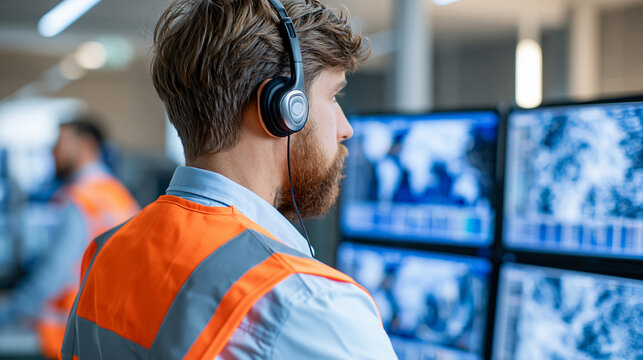 Control center operator wearing a safety vest and headset monitoring multiple computer screens displaying complex data and maps in a modern control room, faceless, defocused