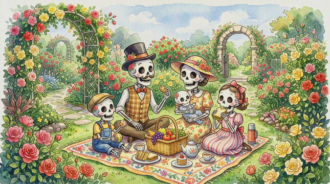 Watercolor Skull Family Having a Picnic in a Rose Garden for Gothic Greeting Card and Wall Art Design
