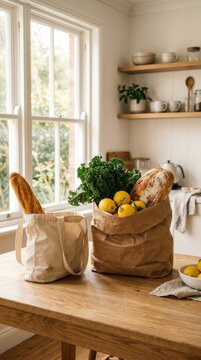 Paper grocery bag and canvas tote overflowing with fresh kale, lemons, and artisan sourdough bread on a light oak kitchen table in a bright Scandinavian minimal kitchen with a large window