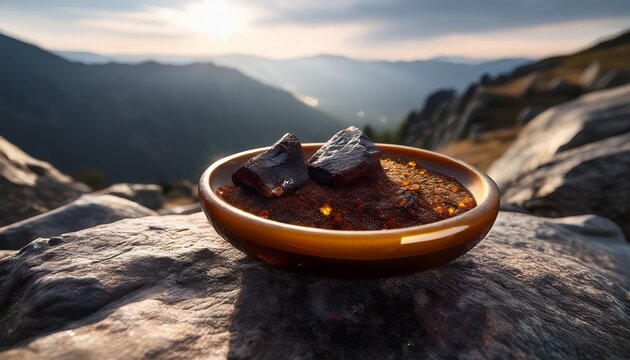 Natural Shilajit Resin On Rocky Surface With Deep Gray Tones And Textures In A Rugged Mountain Landscape Conveying An Ancient Healing Power