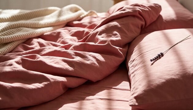 Close-up of crumpled dusty rose linen bed sheets with deep wrinkles and soft shadow patterns in warm morning sunlight, a cream knitted throw 