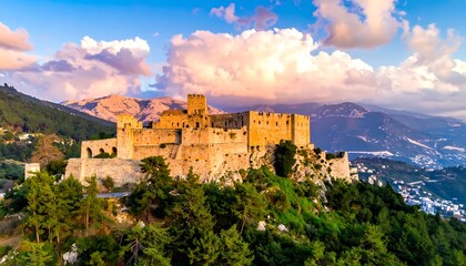 Obraz premium A large castle on a hill surrounded by trees and mountains