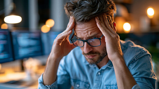 Man feeling stressed and frustrated gripping his head while working on a computer with multiple screens in a dark home office, burnout and overwhelming deadlines concept,