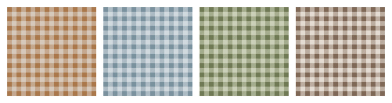 A seamless gingham pattern set. Vichy checkered background in blue, green, brown, caramel colors