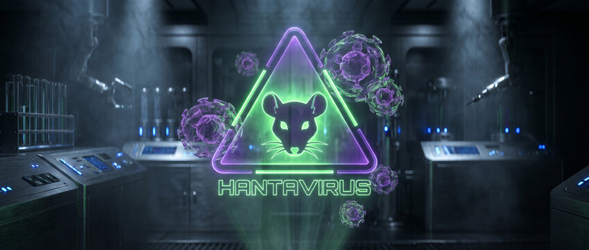 Futuristisches Hantavirus-Konzept: Holografisches Warnschild mit Ratten-Symbol und leuchtenden Viren in einem dunklen Hightech-Labor