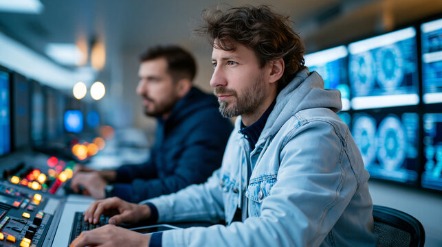 Two operators monitoring control panels in a dimly lit facility, focused on glowing screens and buttons with multiple monitors displaying complex data across the wall, defocused