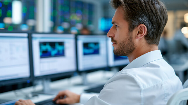 Faceless man working as an operator specialist in a computer data center in front of multiple monitors displaying charts and data, defocused background, with copy space