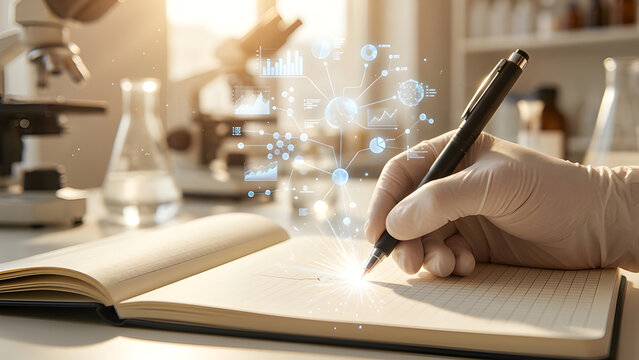Realistic surreal photo of a gloved hand writing in a lab notebook that transforms into glowing holographic data charts.
