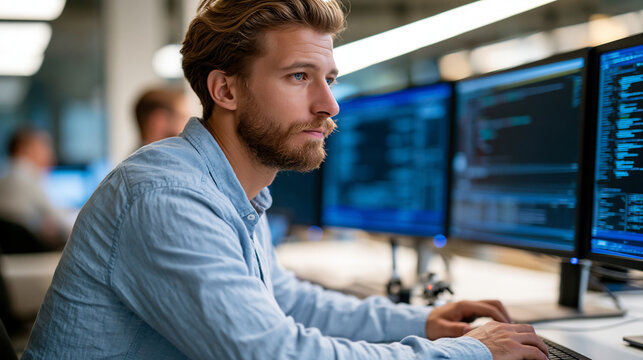 Young man working at a desk using multiple computer monitors displaying programming code and system data, software development in office setting, defocused background, with copy