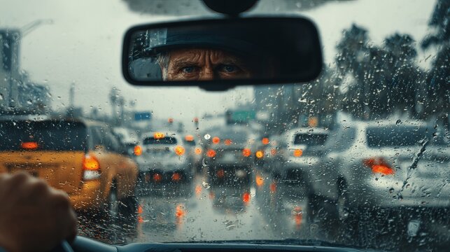 A man driving a car on a rainy day with traffic in front of him