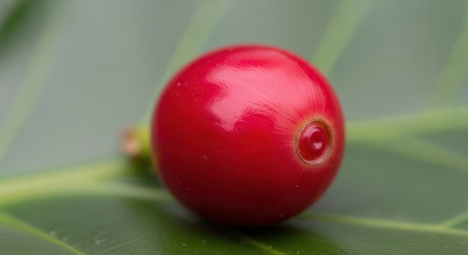 Close-up of a single ripe red coffee cherry on a green leaf.