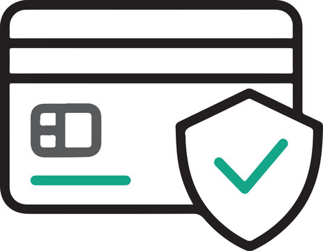 Secure credit card payment icon, protected banking transaction with shield and checkmark, safe financial commerce vector illustration