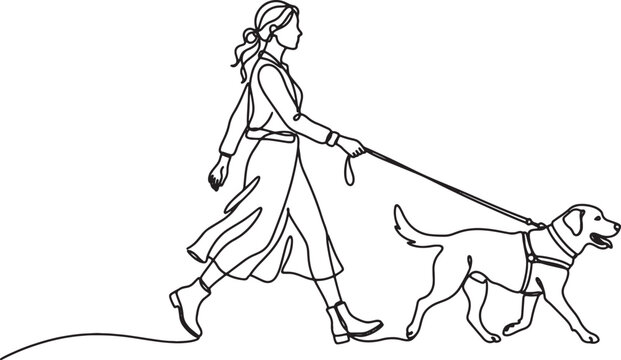 Woman Walking Dog One Line Art Vector Illustration &ndash; Pet Owner Lifestyle Outline Drawing