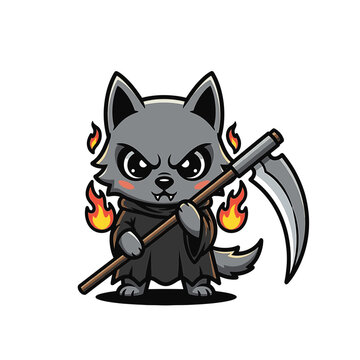 Vector illustration of a cute phantom wolf grim reaper character wearing a dark hooded cloak and holding a scythe. Stylized animal death spirit mascot design on white background.
