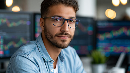 Fototapeta premium Young male crypto trader analyzing digital market fluctuations and candlestick charts on multiple monitors in a dark office, cryptocurrency and stocks concept, defocused
