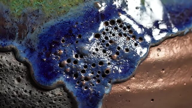 Abstract macro photography of iridescent blue glaze on textured ceramic surface.