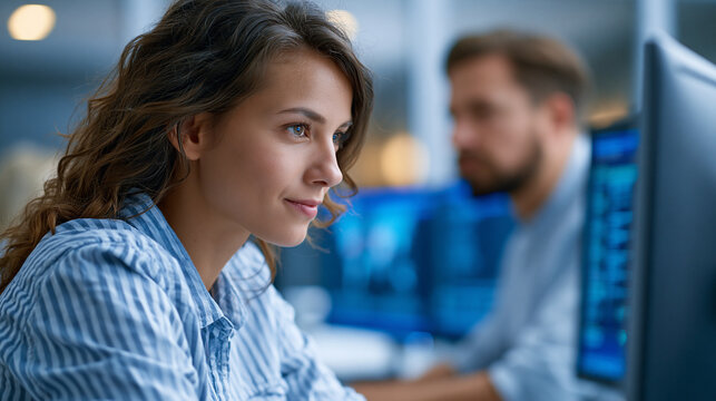 Young woman and a man collaborating intensely at a computer workstation analyzing complex data on multiple monitors, teamwork in tech concept, faceless, defocused background, with