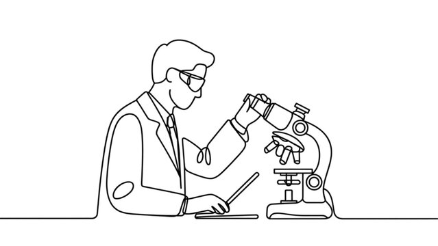 Man working on laptop with microscope and test tubes in modern office
