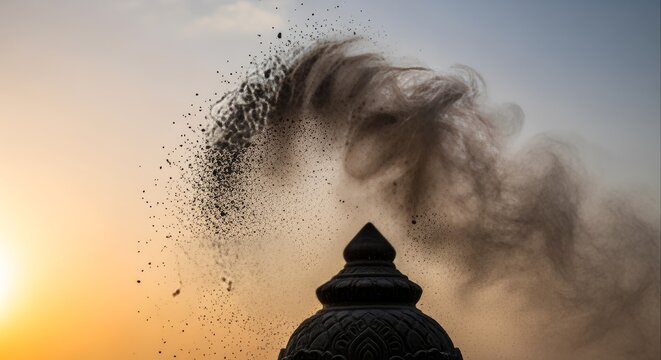 Dark ash cloud disperses over an ornate temple finial against a vibrant golden hour sky, symbolizing spiritual purification and ancient cultural heritage