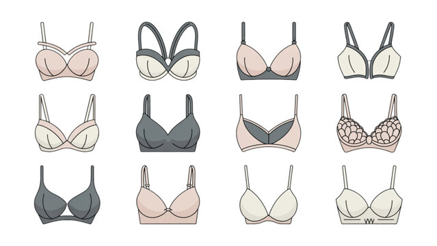 Flat style illustrations of women wearing various types of bras and underwear