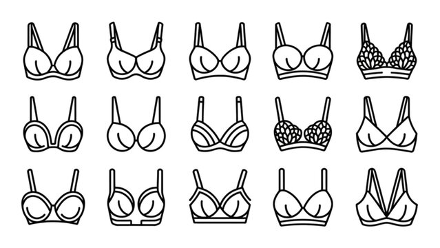 Flat style illustrations of women wearing various types of bras and underwear