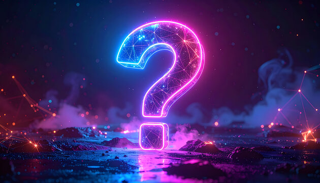 Glowing neon question mark symbol composed of digital particles, representing uncertainty, mystery, and inquiry in a futuristic, dark digital landscape with glowing nodes and smoke effects