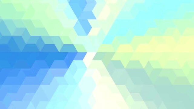 Pastel geometric background creates a kaleidoscopic motion using soft blue and green isometric blocks.