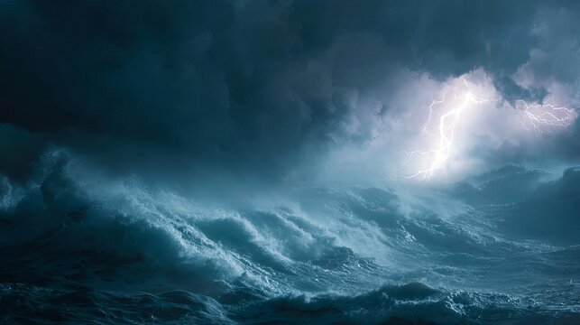 A dramatic stormy ocean scene with lightning illuminating the dark clouds and turbulent waves