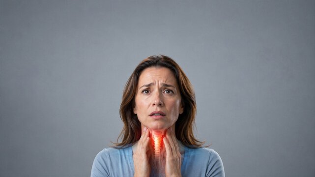 Woman suffering from sore throat touching neck. Concept of thyroid gland inflammation, viral infection or illness. Medical visualization of medical condition for diagnosis and treatment.