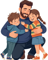 Fototapeta premium Father Hugging His Two Children Fathers Day Loving Family