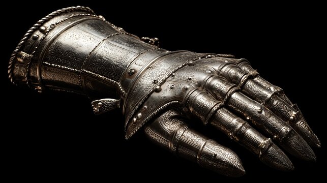 A medieval knight's armored gauntlet on a black background