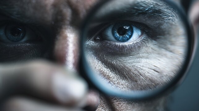 A close-up of a man's eye looking through a magnifying glass with a focused gaze