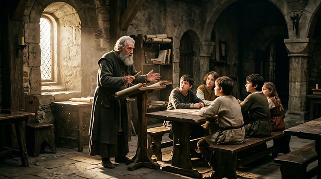 Wise medieval teacher instructing group of children in stone classroom