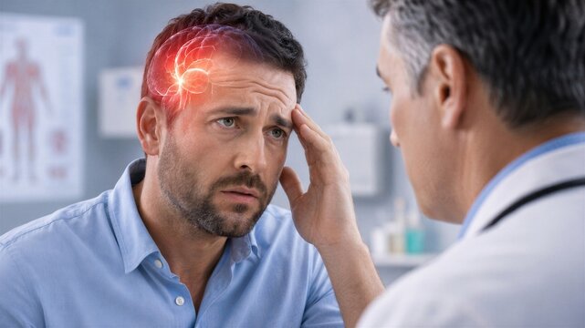 Man suffering from headache consulting with doctor. Patient with red glowing pain symbol in head area. Medical examination for migraine or neurological disorder in clinical setting.