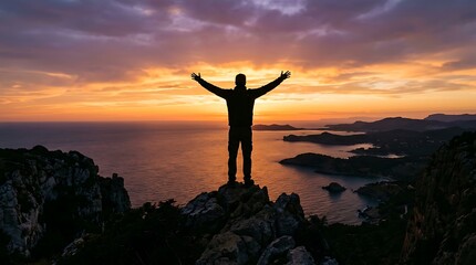 Fototapeta premium Silhouette of a Man with Arms Raised on a Mountain Peak at Sunset