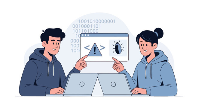 Coding team debugs software on laptops, binary code background